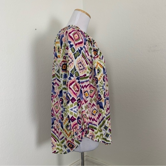 Beach lunch lounge Colorful Ikat Popover V Neck Blouse Size M - Picture 14 of 16